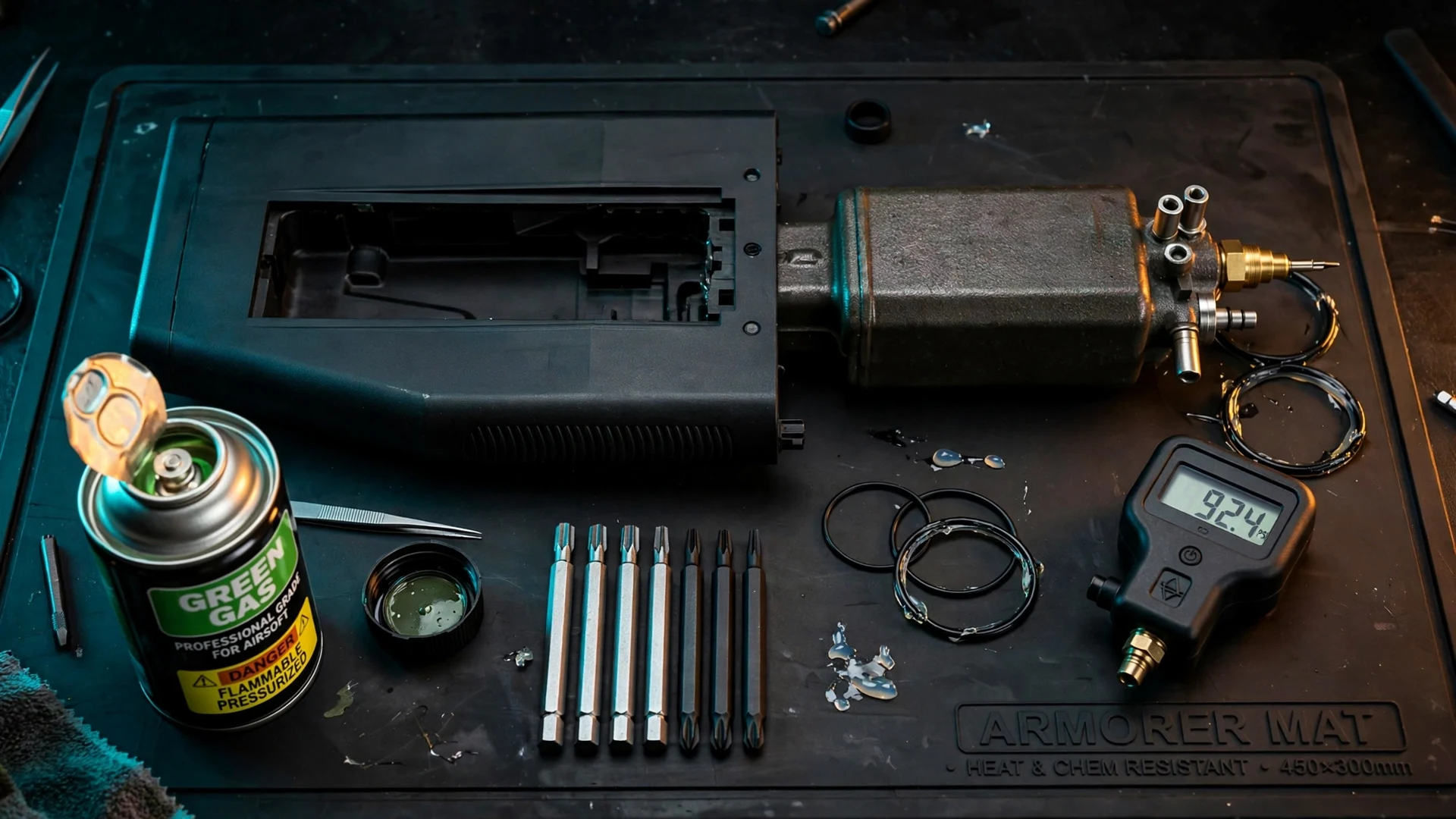 Disassembled Tokyo Marui M870 gas shotgun stock with removable gas reservoir on an armorer mat